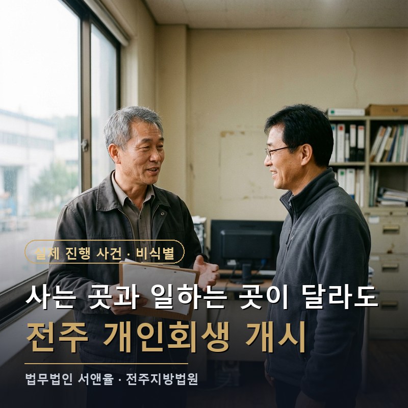 개인회생 법원, 사는 곳과 직장이 다르면 어디로 내나｜전주 개시결정 사례 — 이해를 돕기 위한 연출 이미지