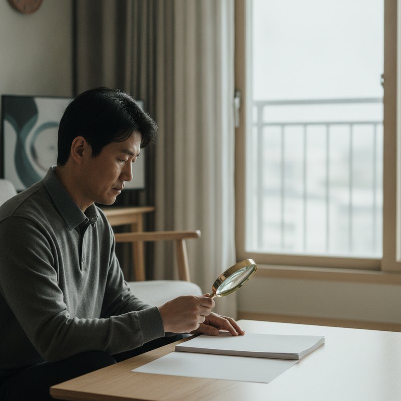 돋보기를 들고 서류를 살피는 손